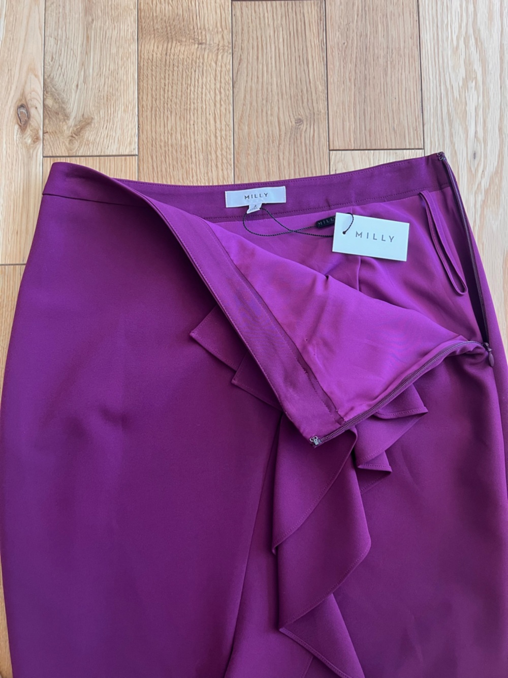 NEW Milly Ruffle‎ Pencil Skirt Purple Knee Length Lined Side Slit Womens Size 4 - Picture 6 of 8